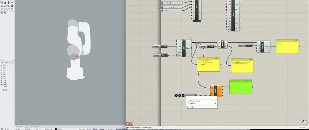 Egret connected to a uFactory arm, live-jogging from the Grasshopper canvas