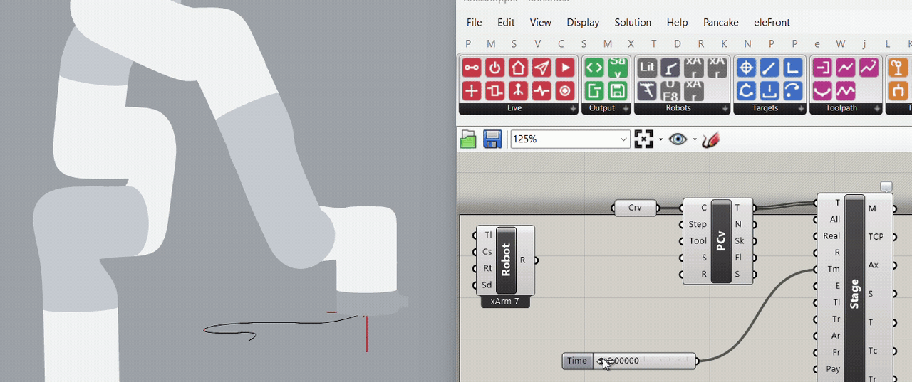 A Grasshopper node graph driving a simulated 6-axis robot arm