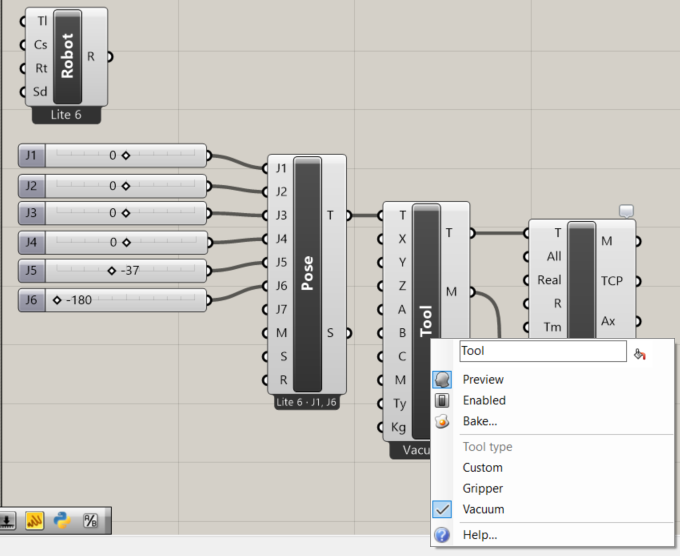 Grasshopper Tool component with its right-click menu open, choosing the uFactory tool type - Custom, Gripper, or Vacuum - in the Robot, Pose, Tool chain for a Lite 6