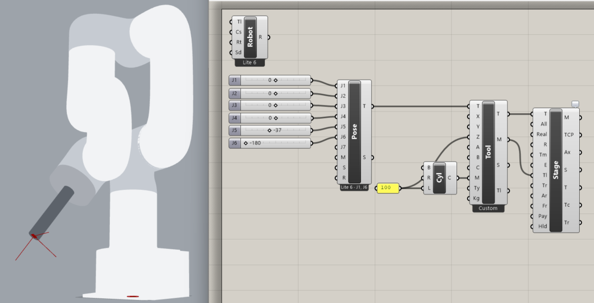 Grasshopper node graph: a Lite 6 Robot and Pose sliders feed a Custom Tool (built from a cylinder primitive) into Stage; the posed arm in the Rhino viewport carries the tool on J6 with its TCP marked in red