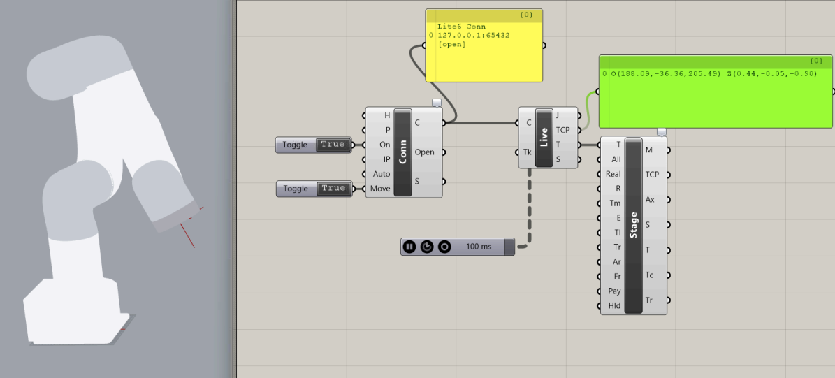 Grasshopper node graph: Connect feeding a Live component into Stage with a timer, and the live Lite 6 arm shown in the Rhino viewport