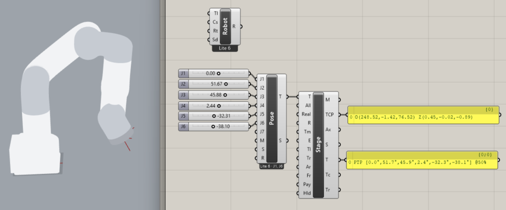 Grasshopper node graph: six J1 to J6 sliders feeding a Pose component into Stage, with the posed Lite 6 arm shown in the Rhino viewport