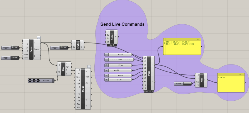 Grasshopper node graph labeled Send Live Commands: Connect and Enable feeding a Robot and Pose into a Jog component triggered by a Button