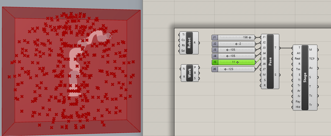 Wiring the Robot, Pose, Stage and Robot components together on the Grasshopper canvas